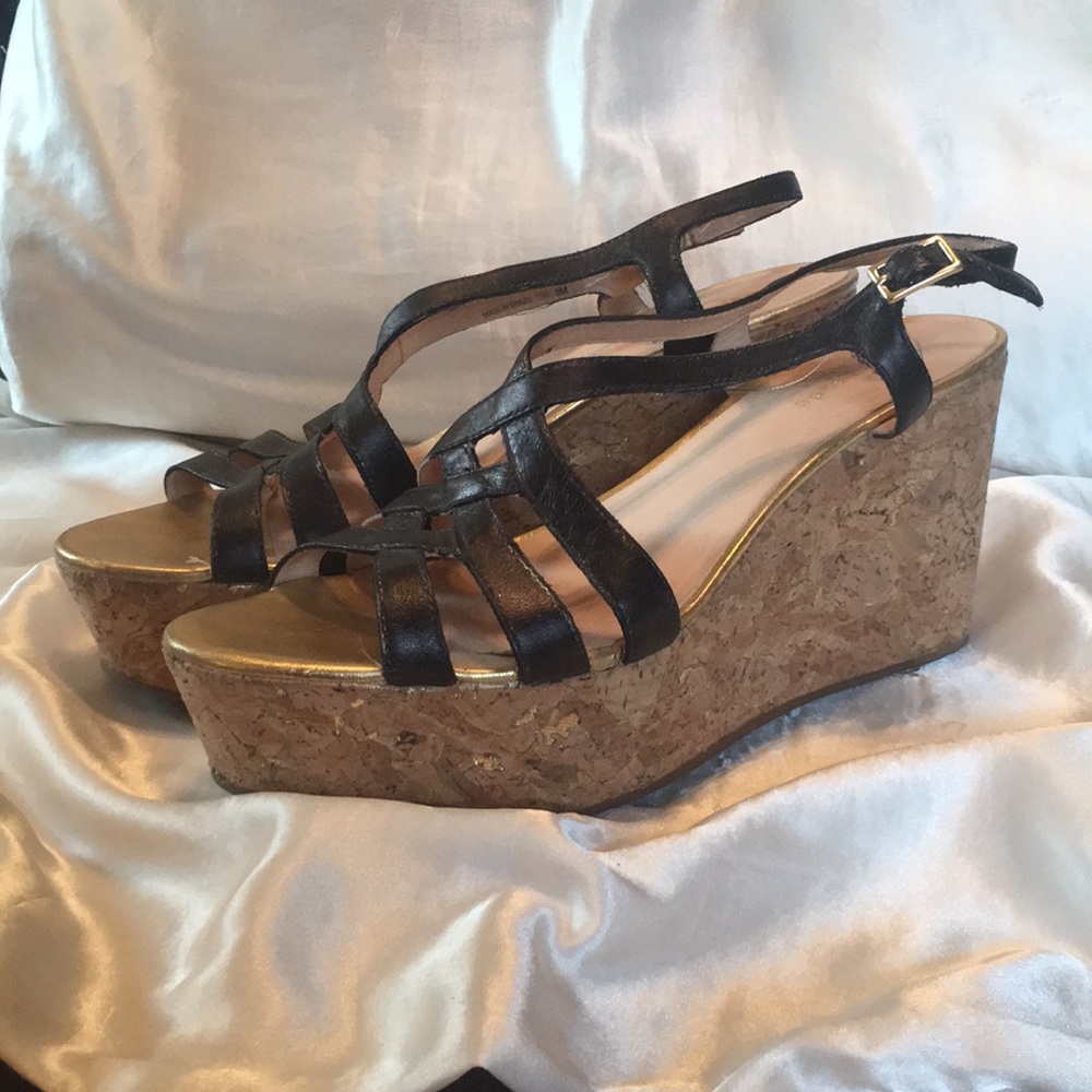 Black & Gold Kate Spade Sandal Cork Wedges